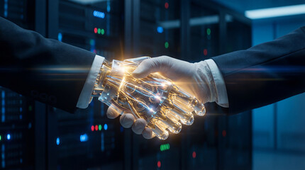 Fototapeta premium Human and Robot Handshake in a Data Center: Symbol of AI Collaboration and Future Technology Integration