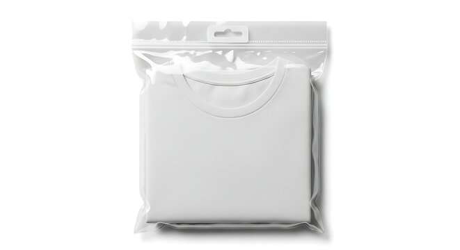 New white t-shirt sealed in clear plastic packaging with hang tab, clean look.