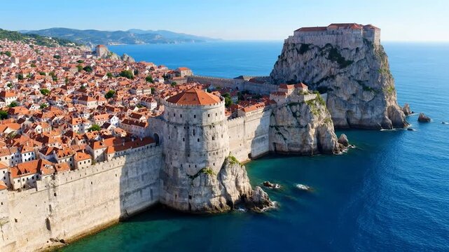 Aerial view of old medieval walled city with fortified walls and red tiled roofs on rocky coastline