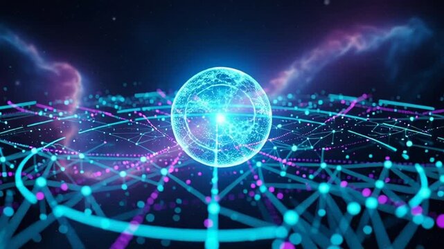 Glowing blue digital orb with network connections and neon lights