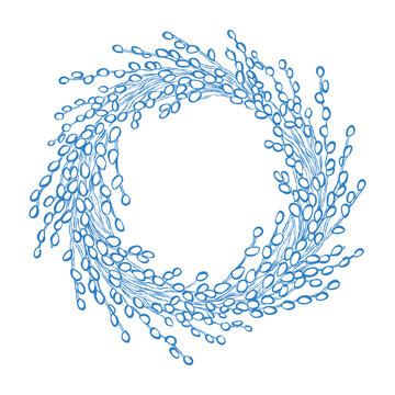 Pussy willow branches frame on a white background. Vector illustration of a pussy willow wreath. Outline clip art in blue. Vintage Easter illustration.