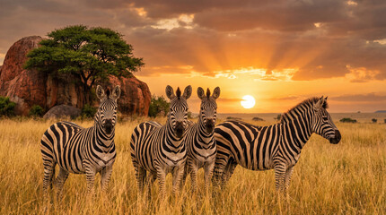 Fototapeta premium Herd of Zebras Stand Together in Golden Grassland at Sunset with Vibrant Sky and Sunrays