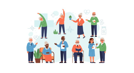 Fototapeta premium Diverse Senior Citizens Engaging in Health, Wellness, and Medical Care Activities