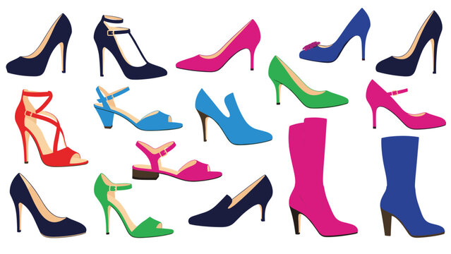 Stylish collection of women's footwear including high heels sandals and boots displayed in a vibrant variety of colors and modern designs.