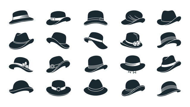 Extensive collection of women's hat silhouettes presents many different styles of headwear including cloches wide-brimmed and fedora shapes.