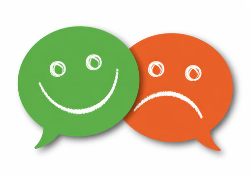 Green and orange speech bubbles with smiley and frowny faces smiley face