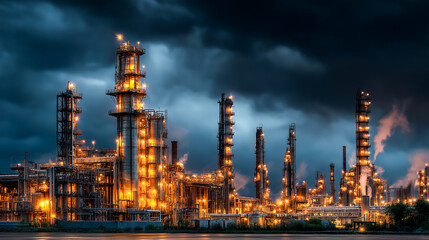 Obraz premium oil refinery at night factory exterior with smoking chimneys