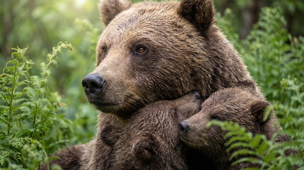 Naklejka premium Tender Embrace: A Mother Bear and Her Cub Cuddle in Lush Green Forest Sunlight