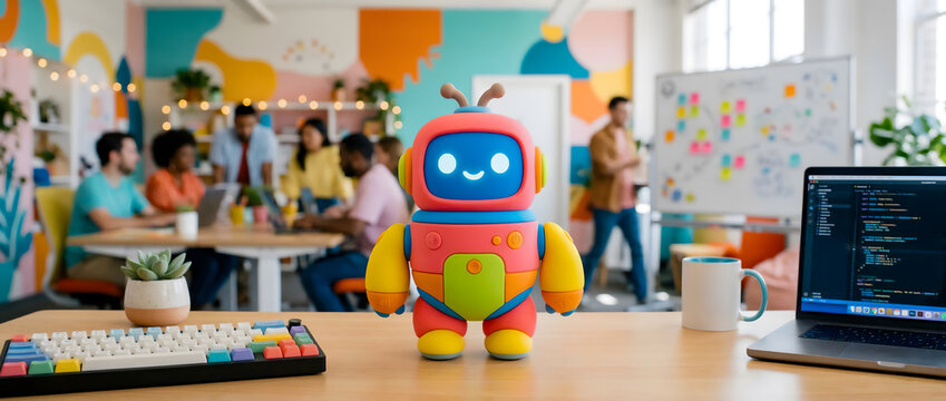 Cute colorful robot toy character on wooden desk in creative business studio
