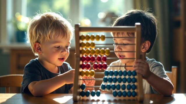 Two little boys playing with abacus at table. A heartwarming close-up captures their playful learning. Educational games, early childhood development, cognitive skills.