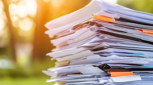 A large stack of policy papers and legal documents in an office setting illuminated by warm sunlight, representing important business and governmental matters.