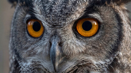 Fototapeta premium Intense Close-Up of a Majestic Owl's Face with Piercing Golden Eyes and Detailed Feathers