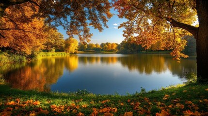 Obraz premium A tranquil autumn lake scene with vibrant fall foliage reflecting in the calm water under a bright blue sky