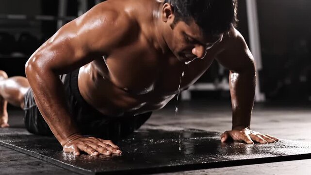 A dedicated athlete engages in a series of intense push-ups, showcasing powerful muscles glistening with sweat. The gritty gym ambiance creates a motivating backdrop for this focused workout session.