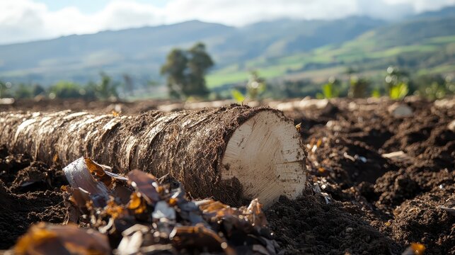 A single felled tree log lies in barren soil amidst a deforested rural landscape with rolling hills in the background.