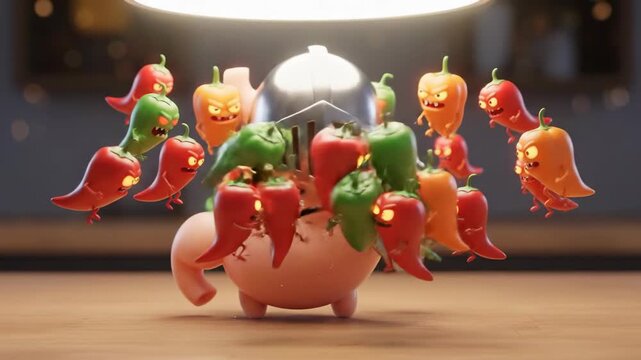 Spicy chili peppers, representing stomach discomfort, heartburn, gastritis, or ulcer pain, confronting a armored figure symbolizing internal defense or a medical solution for digestive issues