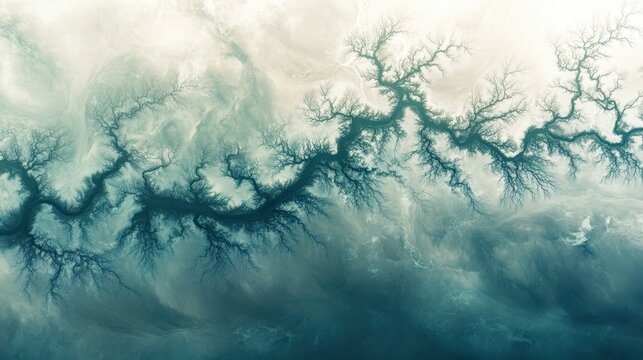 Aerial view of intricate river patterns resembling natural veins against a soft hazy sky backdrop