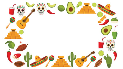 Fototapeta premium Festive border frame decorated with mexican cultural symbols like sugar skulls, guitars, sombreros, tacos, and desert cactus plants.