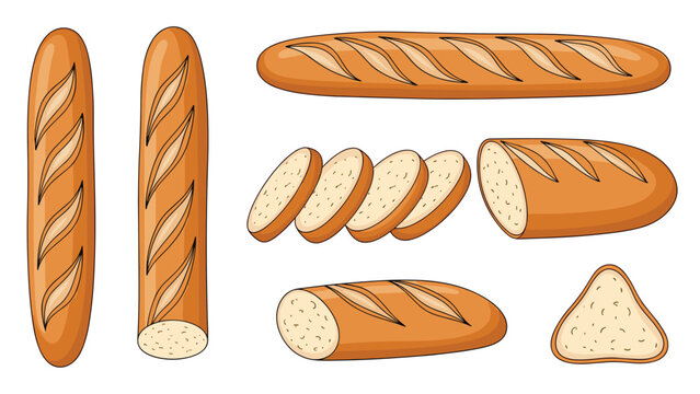 Assortment of fresh french baguette bread in various forms including whole loaves, sliced pieces, and triangular cross sections.