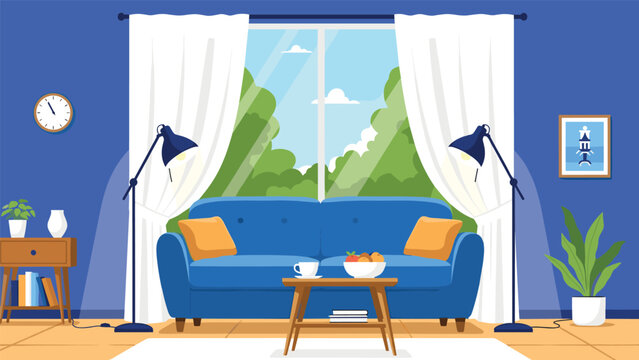 Bright living room with a blue sofa, large window showing green trees, side tables, and decorative items in a modern cozy home.