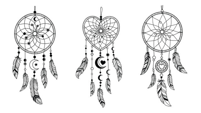 Three artistic dreamcatchers with intricate web patterns, feathers, and celestial moon symbols in a black and white line art style.