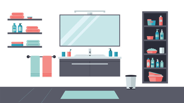 Contemporary bathroom interior with vanity unit large rectangular mirror shelving and personal hygiene products in flat vector style.