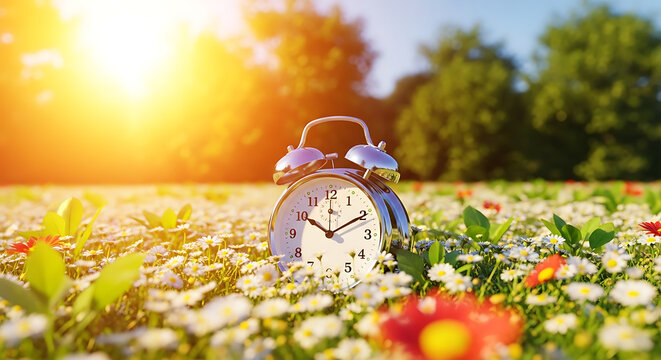Concept, daylight saving time. Sommer time, winter time, changeover, switch of time. Sommer or winter time. Clock as a timer for celebrations. Spring flowers, grass, blue sky, green trees.