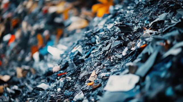 Close-up detail of fragmented plastic waste in a neglected industrial setting under natural lighting
