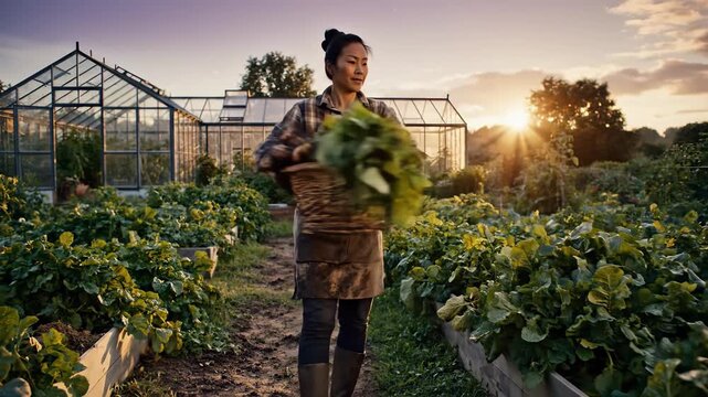 A dedicated gardener walks through lush rows of greens, carrying a woven basket filled with fresh vegetables.