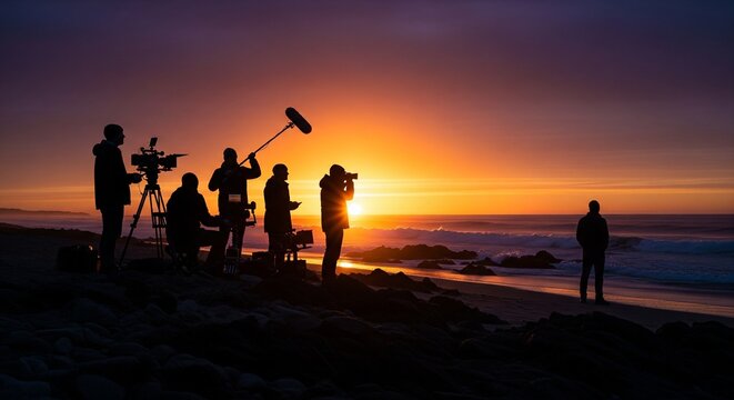 Film crew captures sunset on rocky beach with people and equipment