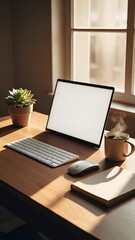Fototapeta premium Clean Wooden Desk Overhead Flatlay Open Laptop Blank Screen Coffee Mug Succulent Notebook Hybrid Work Productivity No People Stock Image