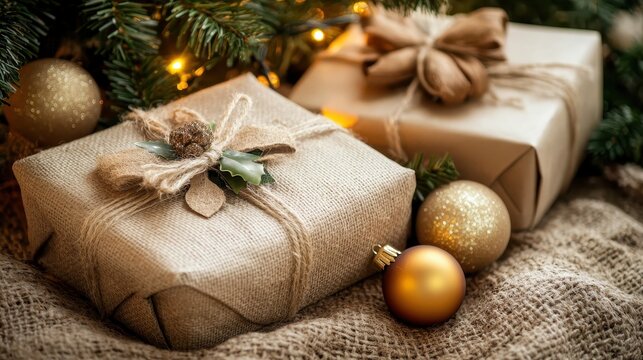 Beautifully wrapped Christmas gifts adorned with rustic raffia bows and golden ornaments beneath a festive tree.