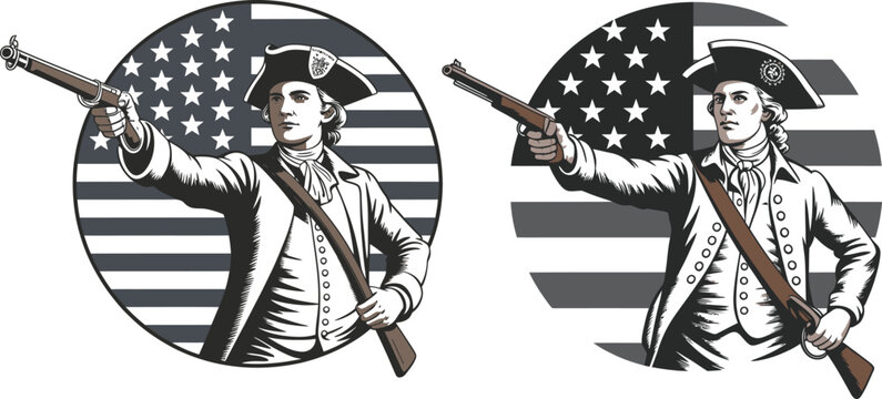 Revolutionary soldier with musket and american flag, historical patriot illustration, united states
