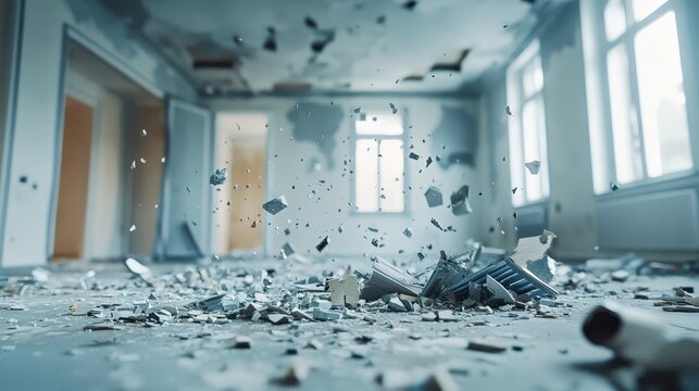 Debris exploding and falling inside a decaying abandoned building with overcast light