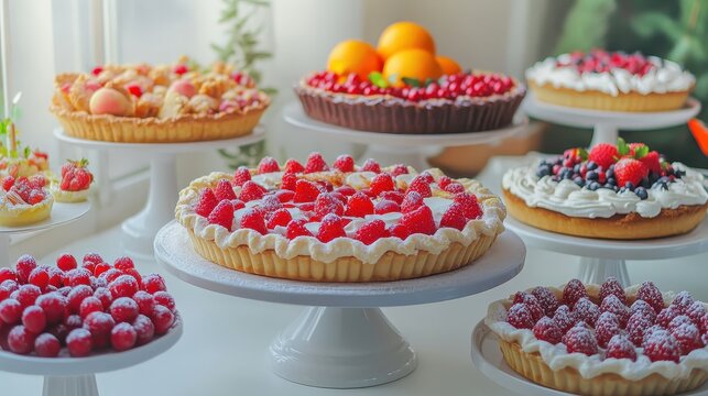 Delicious fruit tarts and pies arranged for a festive presentation on a kitchen counter