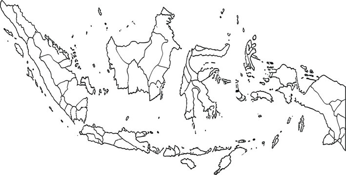Detailed Black and White Outline Map of Indonesia Featuring Provincial Borders and Major Islands Isolated on a Plain White Background for Educational Geography and Creative Graphic Design Projects.
