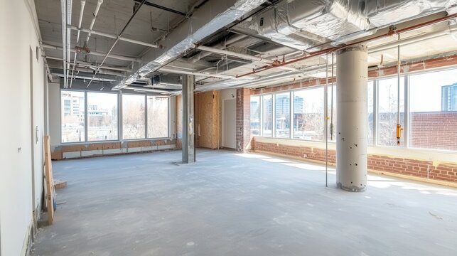 Bright Interior of Commercial Property Undergoing Modern Renovation with Large Windows and Exposed Building Elements