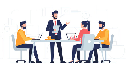Fototapeta premium Business team meeting in modern office with flat design colorful characters for corporate branding