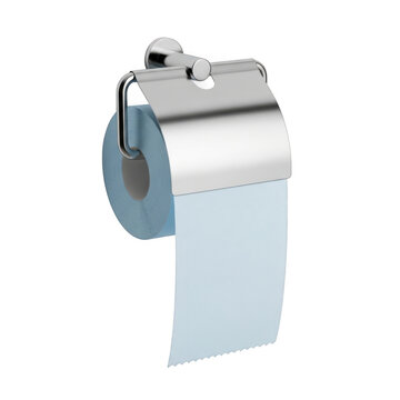 Silver toilet paper holder with light blue roll isolated on a transparent background bathroom