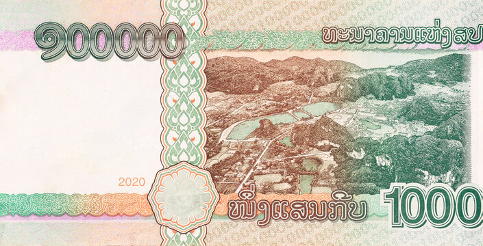 Regulation backed 100000 Kip Lao currency printed under state approval as legal currency at Laos