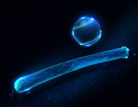 A futuristic baseball bat and ball are rendered in a glowing blue wireframe. The digital artwork features low-poly geometric shapes with scattered particles against a dark background, illustrating a s