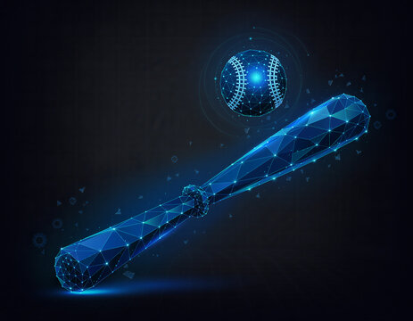 A futuristic baseball bat and ball are rendered in a glowing blue wireframe. The digital artwork features low-poly geometric shapes with scattered particles against a dark background, illustrating a s