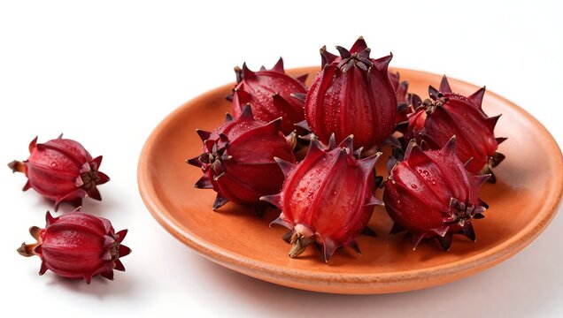 Hibiscus sabdariffa sorrel fruit on terracotta plate and white background  Roselle