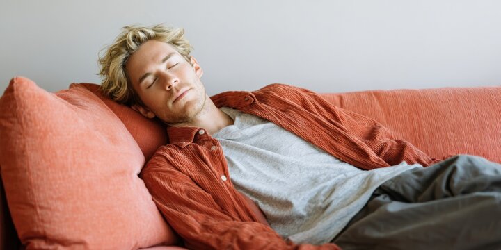 Sleeping male caucasian young on coral couch relaxed nap in soft light wearing rust shirt calm serene portrait