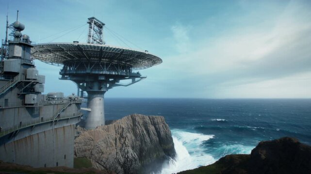 Large satellite dish on a cliffside overlooking the ocean with a cloudy sky