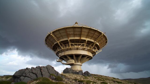 A futuristic, mushroom-shaped observation tower with a flat roof and concrete support structure sits atop a rocky hill under a dramatic, cloudy sky.