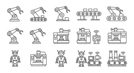 Fototapeta premium Robotic machines and humanoid robots work together in an industrial setting with various mechanical equipment and technology.