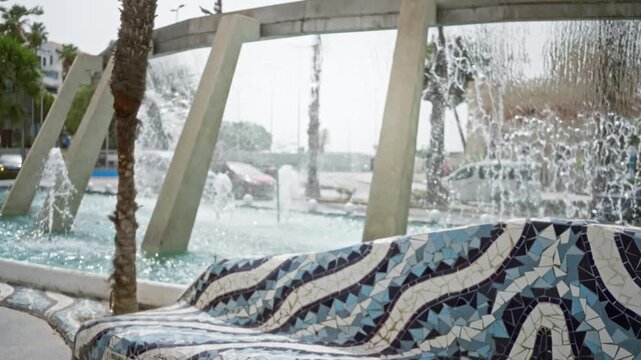 Mosaic tiled bench in foreground with defocused fountain and soft bokeh plaza background; background backdrop copyspace template.