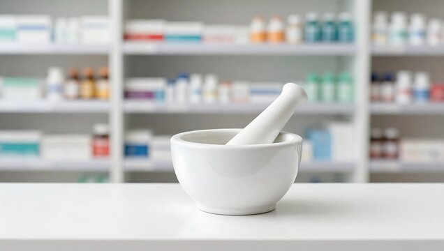 White mortar and pestle on pharmacy counter with shelves of medicine bottles behind  pharmaceutical tools for mixing compounds