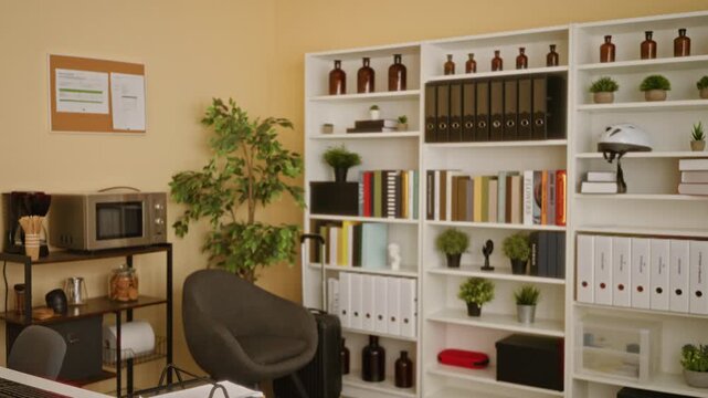 Lounge and shelving in office with soft blurred bokeh background and shallow focus, stacked books, binders and potted plants; copyspace template overlay calm.